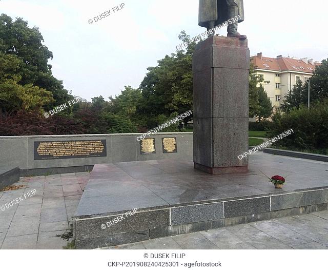 Several people partially cleaned the statue of Soviet Marshal Ivan Konev in Prague 6, Czech Republic, on Saturday, August 24, 2019