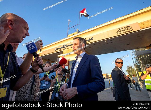 Prime Minister Alexander De Croo talks to the press during a visit to the city of Rafah, in the southern Gaza Strip in the State of Palestine
