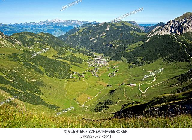 High mountain valley of Malbun, Alpstein massif at the back, Principality of Liechtenstein