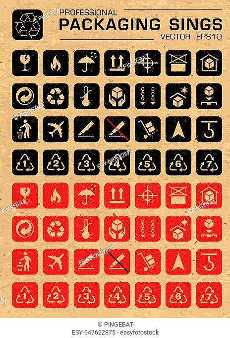 Set of many packaging icons, for cargo, parcel, and all packaging needs, in both outlined and negative style