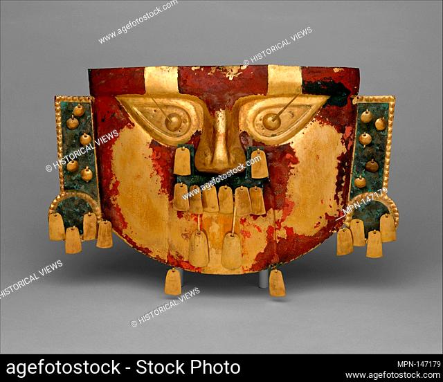 Funerary Mask. Date: 10th-11th century; Geography: Peru; Culture: Sicón (Lambayeque); Medium: Gold, copper overlays, cinnabar; Dimensions: H