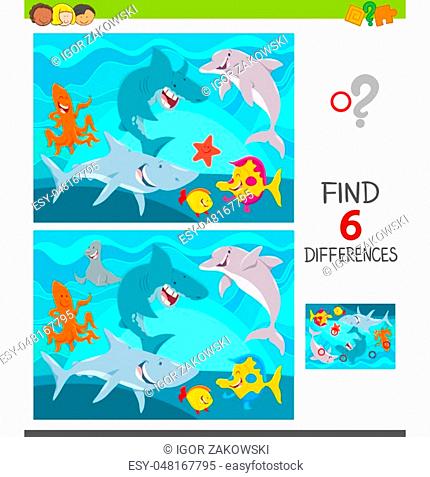 Cartoon Illustration of Finding Six Differences Between Pictures Educational Game for Children with Funny Sea Animal Characters