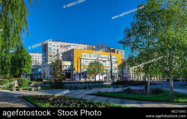 Streets and historical building of Kropyvnytskyi, Ukraine, on a sunny spring morning
