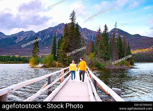 Pyramid Lake, Jasper National Park, Canadian Rocky Mountains Alberta, Canada. Canadian Rockies, couple on vacation in Canada