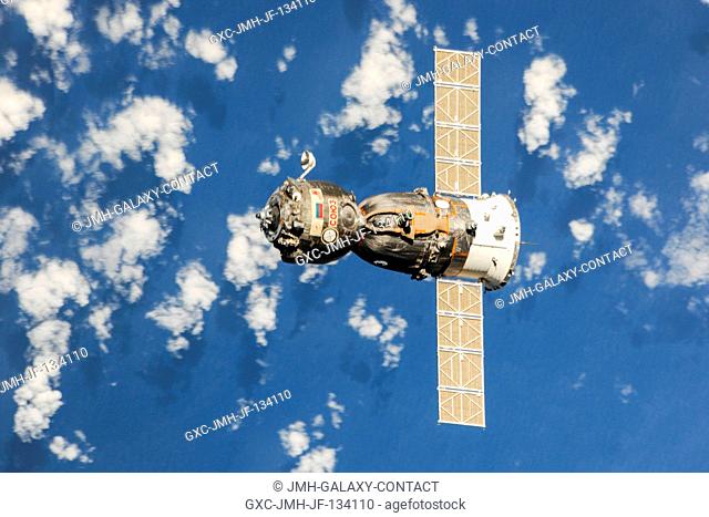 The Soyuz TMA-08M spacecraft departs from the International Space Station's Poisk Mini-Research Module 2 (MRM2) and heads toward a landing in a remote area near...