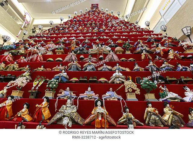 February 20, 2019, Saitama, Japan - A 7 meter in height doll pyramid adorns the Elumi Kounosu Shopping Mall in Konosu city