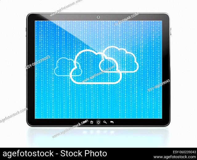 Tablet computer with blue cloud computing diagram on screen