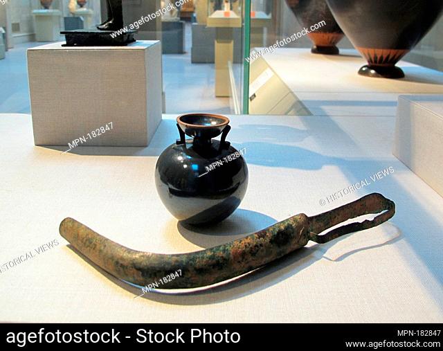 Terracotta aryballos (oil flask). Period: Archaic; Date: ca. 510 B.C; Culture: Greek, Attic; Medium: Terracotta; black-glaze; Dimensions: H. 3 1/2 in