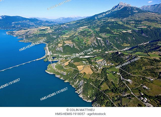 France, Hautes Alpes, Serre Poncon lake, Savines le lac, bridge (aerial view)