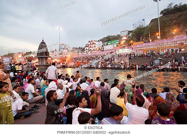 Crowd at Har Ki Pauri and Malviya Dwipa (island), River Ganges, Haridwar, Uttarakhand, India