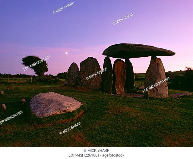 Wales, Pembrokeshire, Pentre Ifan Burial Chamber. The capstone and uprights of the Pentre Ifan Burial Chamber and forecourt facade of a Neolithic chambered tomb