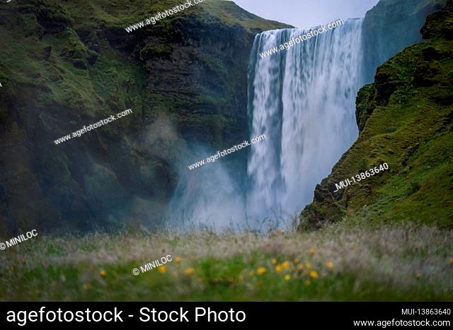 The most popular waterfall in Iceland - Skogafoss. Water rushes down with a crash, forming a cloud of mist