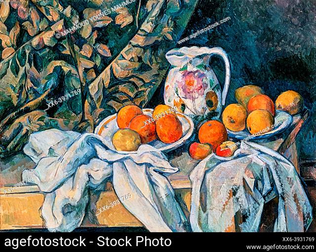 Still Life with a Curtain, is an oil painting on canvas 1898, Artist	. Paul Cézanne (1839–1906). Hermitage Museum, Russia.