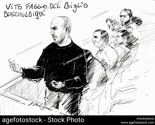 This drawing by Jonathan De Cesare shows accused Vito Faggio Del Giglio during a session at the assizes trial of thirteen men