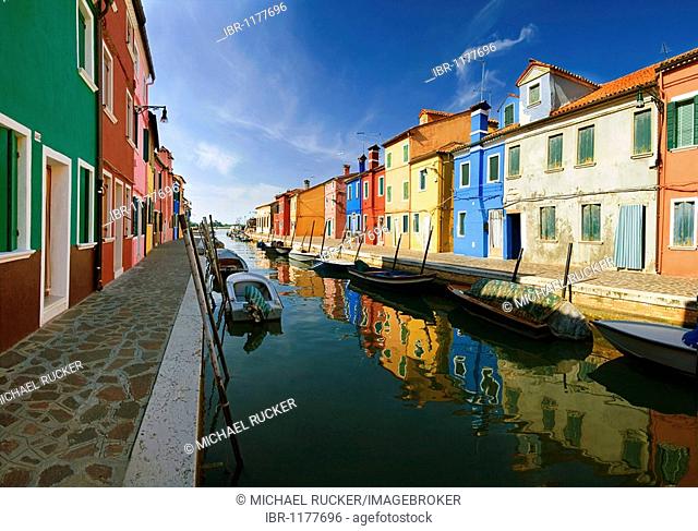 Panoramic view of the city and the colorfully painted houses and canals of Burano, Venice, Italy, Europe