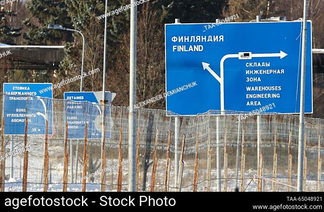 RUSSIA, LENINGRAD REGION - NOVEMBER 21, 2023: Directional signs are seen at the Torfyanovka crossing point on the Russian-Finnish border