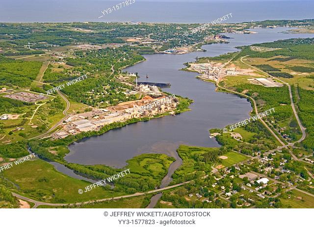 Aerial view of Manistee Lake and Lake Michigan in Manitee County, Michigan, USA