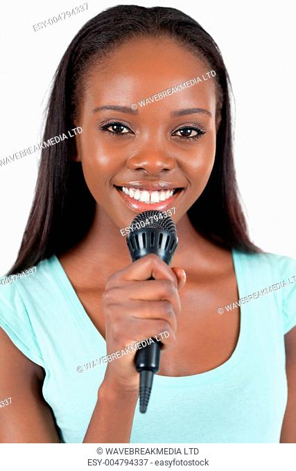 Close up of happy smiling female singer