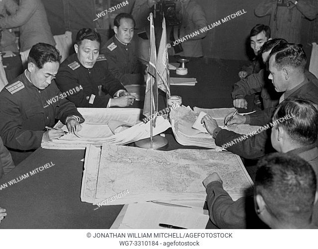 KOREA Panmunjom - October 11, 1951: Colonel James Murray Jr, USMC, and Colonel Chang Chun San, of the North Korean Communist Army