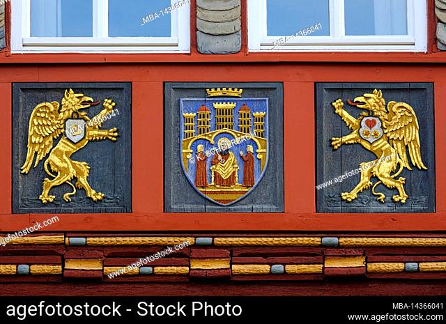 Europe, Germany, Hesse, city Herborn, historical old town, civic coat of arms frieze at the town hall