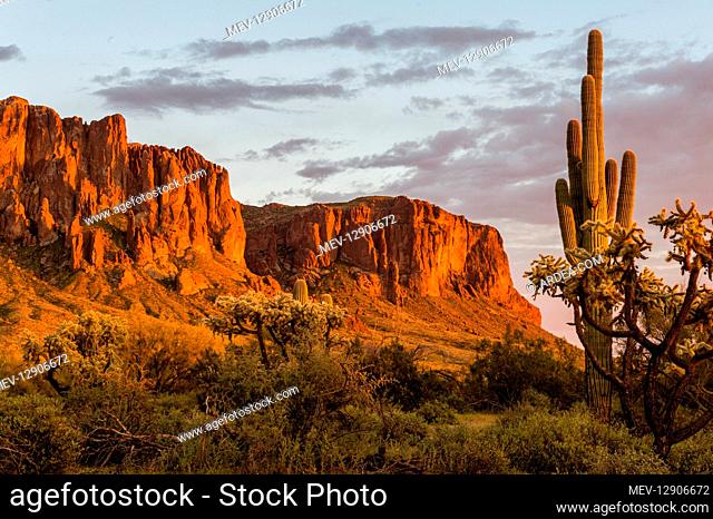 Superstition Mountain and Lost Dutchman State Park near Apache Junction, Arizona. Sunset
