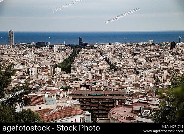 view to downtown barcelona from antoni gaudi's artistic park guell in barcelona, spain. this modernistic park was built between 1900 and 1914 and is a popular...