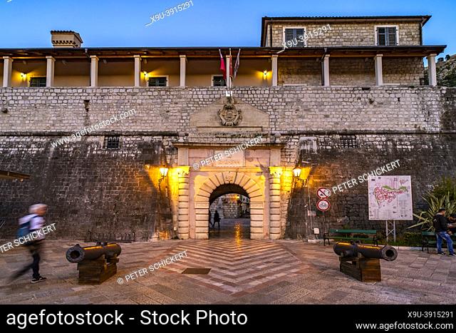Entrance of old town Kotor at dusk, Montenegro, Europe