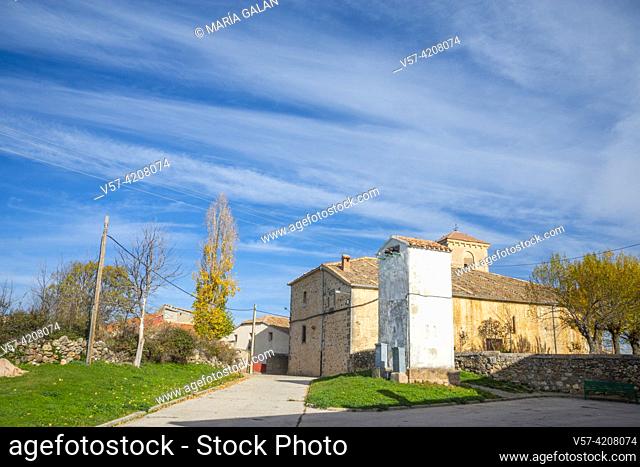 Street and church. Cerezo de Arriba, Segovia province, Castilla Leon, Spain