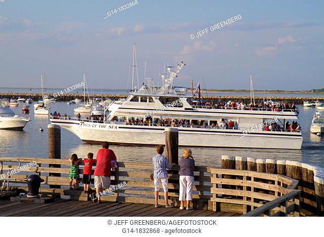 Massachusetts, Plymouth, Plymouth Bay, harbor, Water Street, boats, yachts, anchored, moored, Tails of the Sea, whale-watching cruise