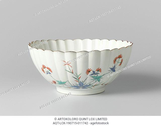Lobed bowl with patrinia, mistflower and butterflies, Porcelain bowl with ribbed wall of 30 ribs, painted on the glaze in blue, red, green