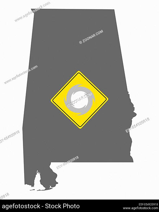 Karte von Alabama mit Verkehrsschild Sturmwarnung - Map of Alabama and traffic sign hurricane warning