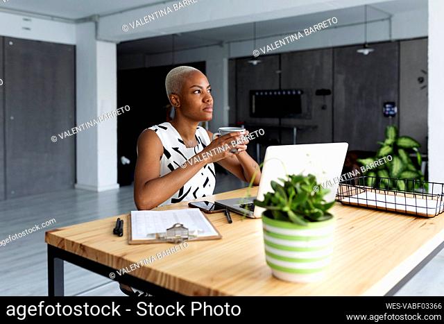Businesswoman working in modern office, using laptop