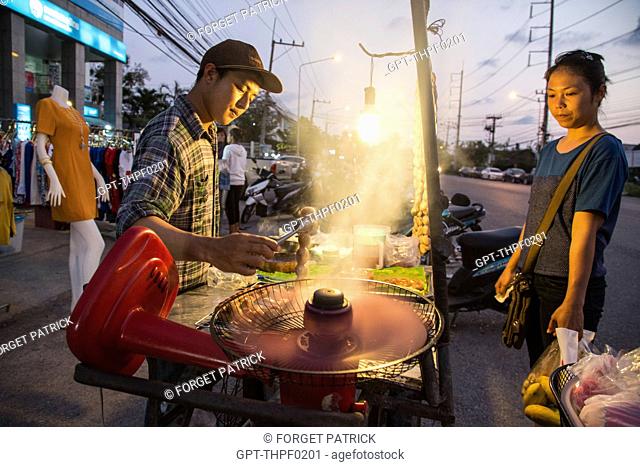 SAUSAGE SELLER WHO GETS RID OF THE SMOKE WITH A FAN ON HIS STALL, NIGHT MARKET, BANG SAPHAN, THAILAND, ASIA