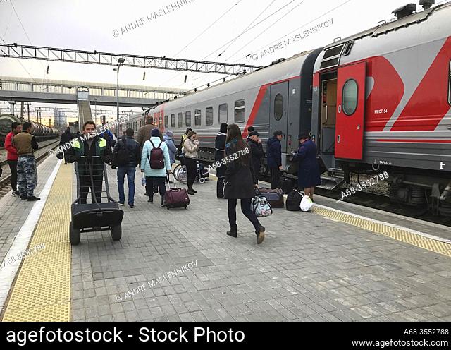 The train to Moscow is about to depart from Vladivostok, Far East, Russia, Russian. The Trans-Siberian Railway. Photo: André Maslennikov