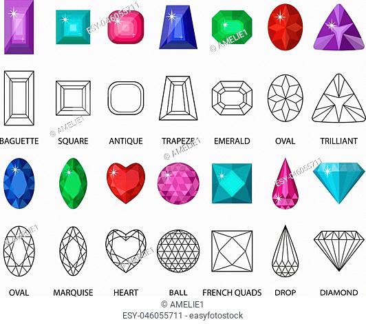 Gems and cut line set. Different facets for crystals. Jewelry collection isolated on white background. Diamonds cut. Realistic, cartoon style