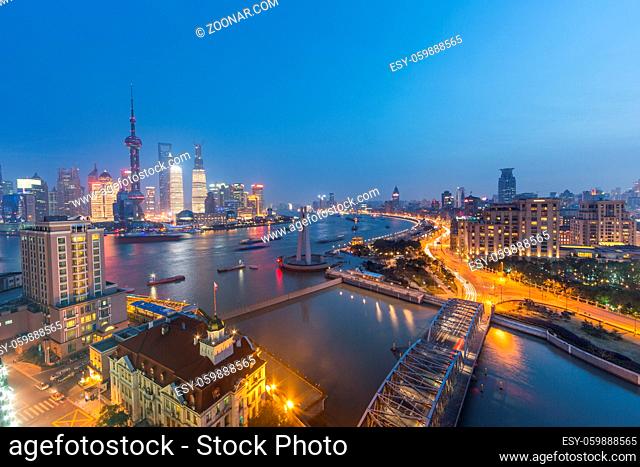 night view at shanghai china, huangpu river and bund