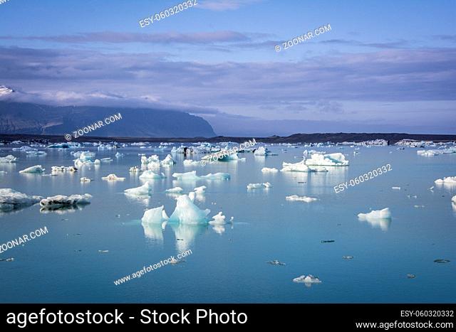 Ice floating in Jokulsarlon glacier lake in Iceland. The icebergs are originating from the Vatnajokull float. This location was used for various action movies