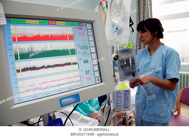Staff Nurse with Lidco Cardiac Monitoring Machine on the Adult Intensive Care Unit