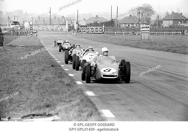 No 8 Masten Gregory in Behra Porsche, No 15 Lucien Bianchi in Cooper T51-Climax. XV BARC 200 race, Aintree, England 30 April 1960