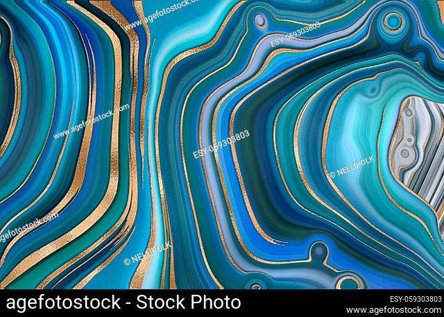 Abstract Agate marble background. Turquoise blue fluid marbling effect, gold vein. Wavy marbling fluid design in turquoise blue green pastel colours