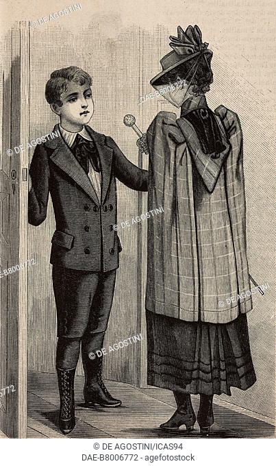 Fashion plate with a 7 to 9-year-old boy wearing trousers, a shirt, and a jacket, and a 13 to 15-year-old teenage girl wearing a cloak