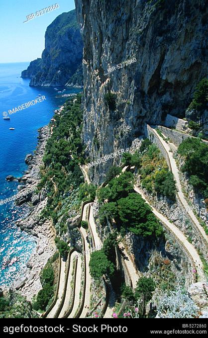 Serpentines, View from the Garden of Emperor Augustus, Capri Island, Gulf of Naples, Campania, Italy, Augustus Garden, Augustusgaerten, Steep Coast, Europe
