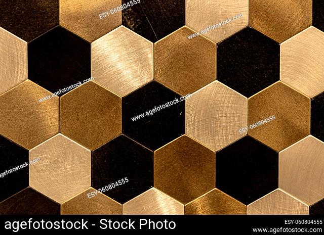 Golden hexagon cell tiling on the luxury decoration interior with modern financial business concept about cryptocurrency block chain cyber system of future...