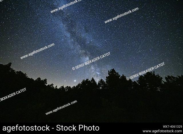 Milky way above the forest on the north face of the Ensija mountain range (BerguedÃ , Catalonia, Spain, Pyrenees)