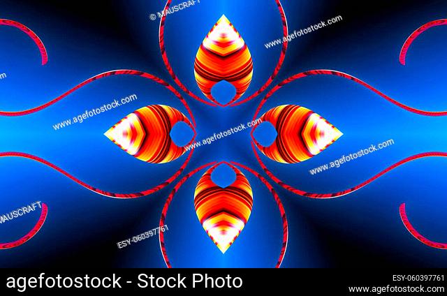 Orange rays stars on blue gradient retro textured pattern 70s. Abstract unique kaleidoscope background. Beautiful kaleidoscope seamless pattern