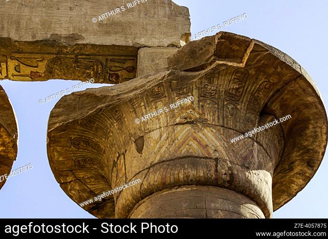 Detail of open papyrus blossom capital column in Hypostyle Hall. Temple of Karnak. El-Karnak, Luxor Governorate, Egypt, Africa, Middle East