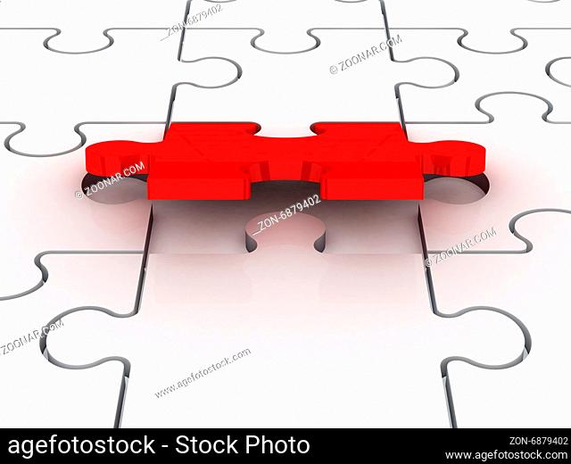 Last piece of jigsaw puzzle piece completing or finishing white puzzle, isolated on white background