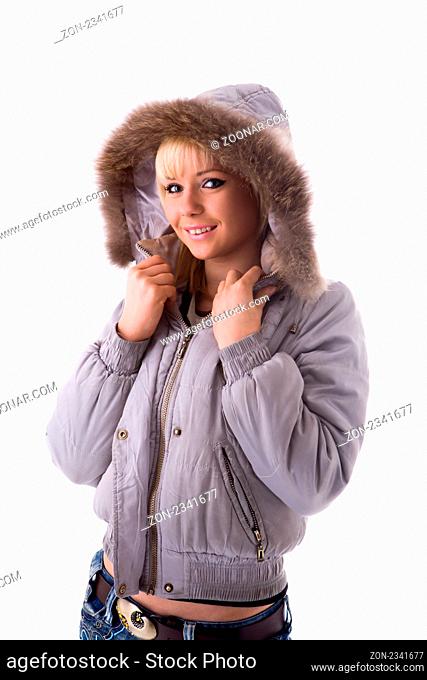 Young woman wearing jacket with hood isolated on white
