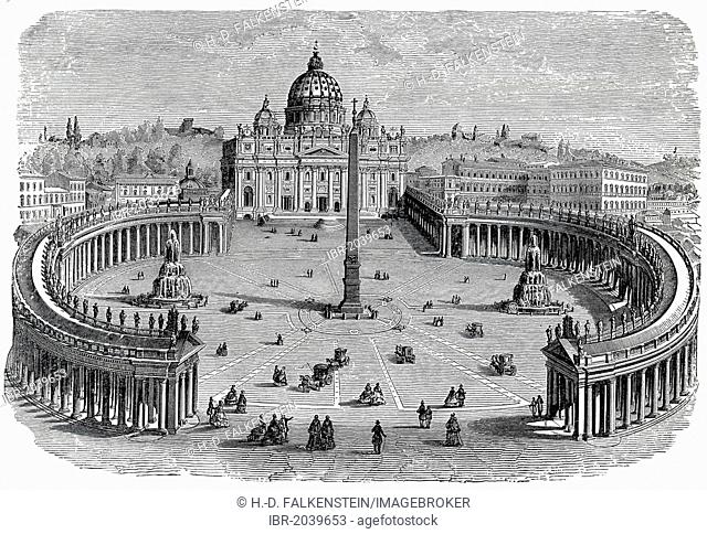 St. Peter's Basilica and St. Peter's Square in Vatican City, Rome, Italy, historical engraving, 19th Century, from the book by I Solskin Hjemmet, Ung og Gammel