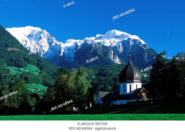 Church in front of mountains  'Hoher Goll' und  'Hohes Brett' Berchtesgaden-Oberschonau national park Berchtesgaden Bavaria Germany